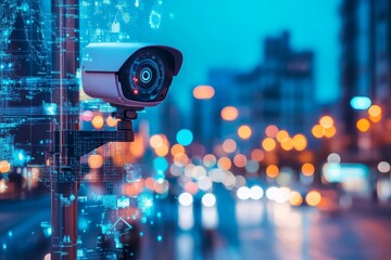 Surveillance technology monitors urban streets, enhancing security and data collection in a vibrant city environment