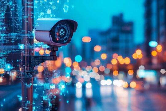 Surveillance technology monitors urban streets, enhancing security and data collection in a vibrant city environment