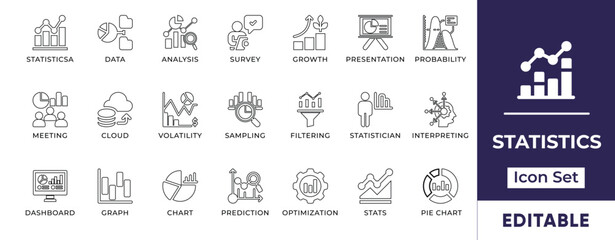 Flat statistics Line icon set representing data analysis, reports, charts, graphs, percentages, trends, financial insights, and research metrics.