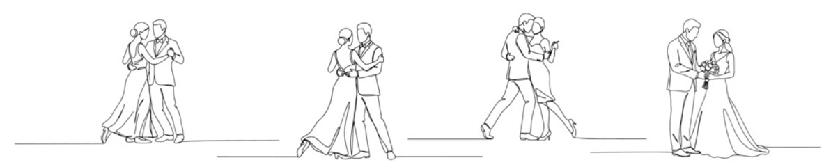 dancing couples in romantic poses drawn in minimalist one line vector
