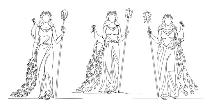 greek goddess hera with peacock in line art style