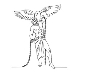Fototapeta premium prometheus chained and attacked by eagle in dramatic greek myth line art