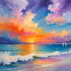 Oil painting of the sea, multicolored sunset on the horizon, watercolor