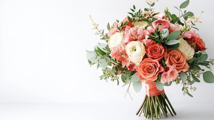 Beautiful floral bouquet with roses and greenery on a neutral background.