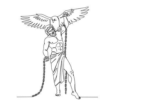 prometheus chained and attacked by eagle in dramatic greek myth line art