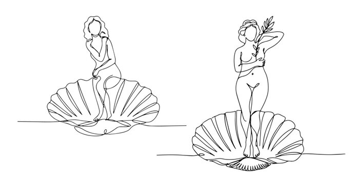 birth of aphrodite on shell in two versions of minimalist line illustration