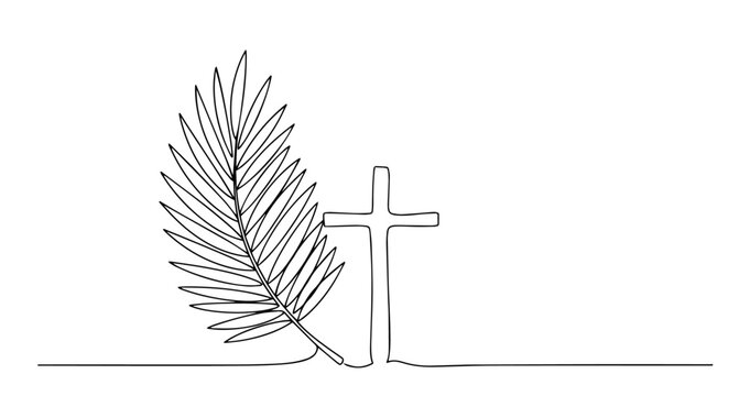 palm leaf and christian cross monoline hand-drawn sketch vector lineart