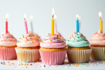 Assorted birthday cupcakes with colorful sprinkles and candles on white background, vanilla, sprinkles