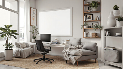 modern home office featuring stylish desk with computer, comfortable seating, and decorative plants. bright space is enhanced by natural light, creating cozy and blank poster mockup