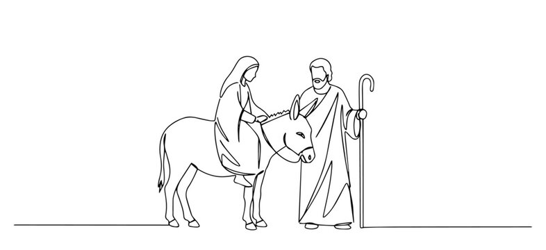 mary riding donkey with joseph, line art clip art preview