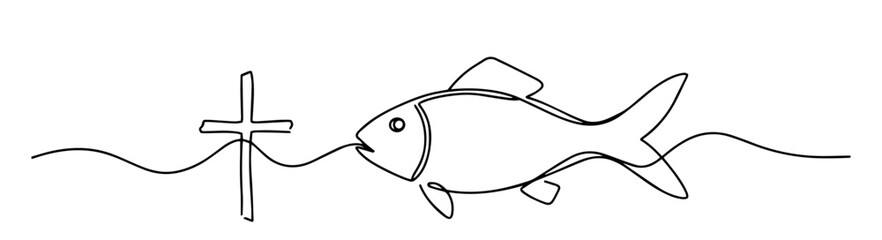 christian fish and cross religious symbol in continuous line drawing