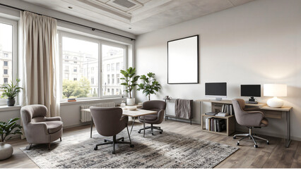Fototapeta premium modern office interior featuring spacious layout with large windows, natural light, and stylish furniture. room includes wooden table, comfortable chairs, and decorative plants, blank poster mockup