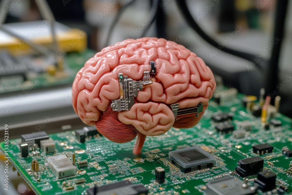 Aufkleber innovative concept of a human brain combined with technology on a circuit board in a modern laborato