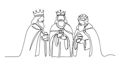 three kings holding gifts in one line art style