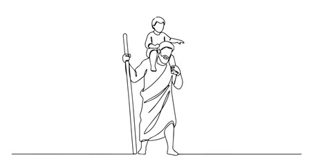 saint christopher carrying child in one line art style