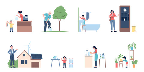 Eco friendly lifestyle. Adults and children using recycled materials and items, save water and economy energy. Ecology habits recent vector flat scenes