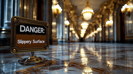 Obraz premium Sign warns of slippery surface on wet marble flooring in a luxurious corridor illuminated by bright lights