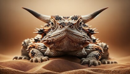 Fototapeta premium Close-up of a horned lizard resting on desert sand, showcasing its unique texture and features. Ideal for wildlife, nature education, and environmental themes.