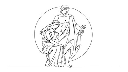 artistic classical couple with halo outline one line vector shape