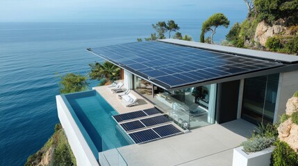 Fototapeta premium Solar Panels on a Luxury Villa Overlooking the Ocean