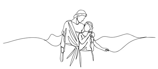 couple embracing with mountain landscape outline one line vector shape