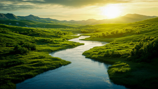 River landscape nature green hills sun scenic view tranquil water flowing outdoors peaceful valley scene