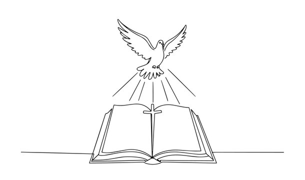 open bible with holy spirit dove outline one line vector shape