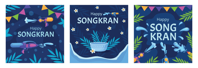 Songkran poster. Water festival in asia print cards. Ceramic bowl with liquid, tropical leaves and flowers, plastic guns spraying splashes, nowaday vector background