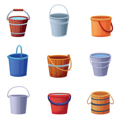 Cartoon bucket with water. Wooden plastic metal buckets for home and garden. Sauna equipment, watering plants accessories. Nowaday vector elements