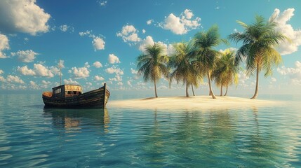 Obraz premium A weathered wooden boat sits near a tropical island paradise