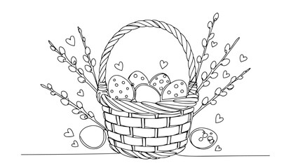 easter basket with decorated eggs and willow branches outline one line vector shape