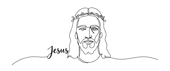 Jesus Christ portrait with handwritten jesus text outline one line vector shape