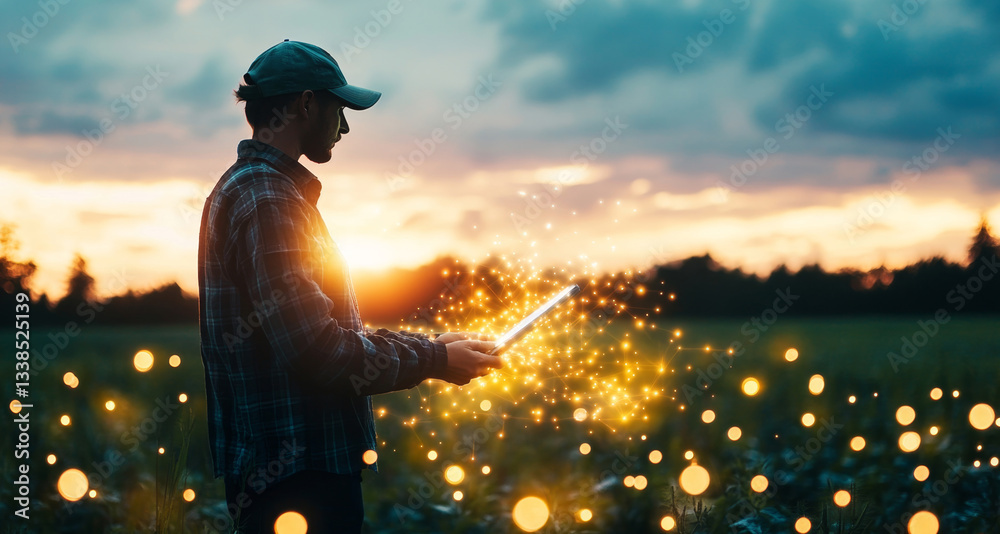 Poster in a rural field at sunset, a farmer holds a tablet displaying data about crop selection. the sky is
