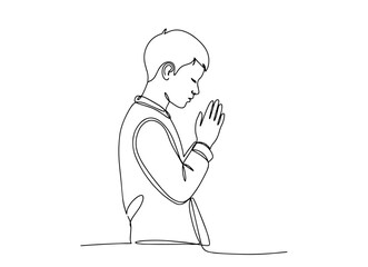 praying boy with folded hands outline one line vector shape