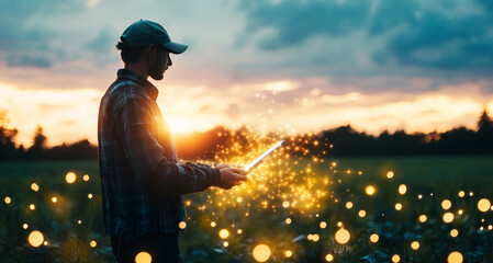 In a rural field at sunset, a farmer holds a tablet displaying data about crop selection. The sky is a blend of orange and blue, highlighting the integration of technology in agriculture.