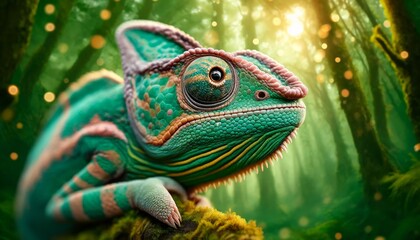 Obraz premium A vivid close-up of a colorful chameleon in a lush forest setting, showcasing nature's beauty and vibrant colors, perfect for wildlife and conservation themes.