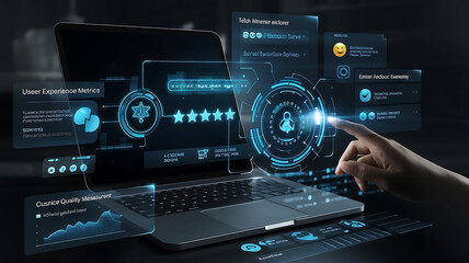 Hand interacting with a laptop displaying user experience metrics and feedback.