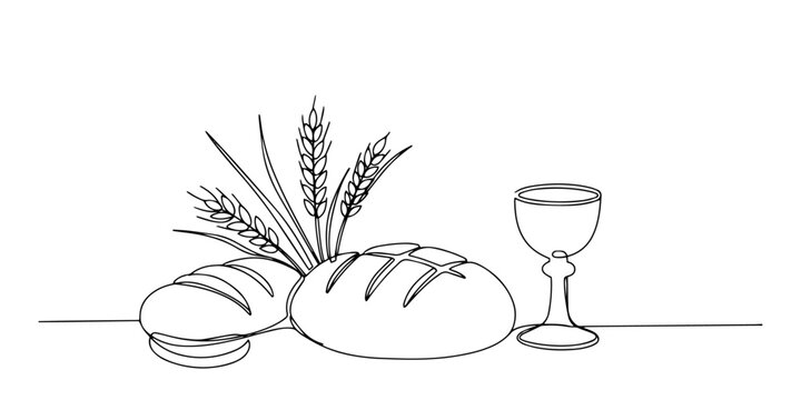 eucharistic chalice with bread outline one line vector shape