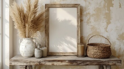 Photo frame interior Mock-up template in modern minimalist aesthetic. Organic template for product showcase with copy space. Bohemian stationery for local business with place for text.