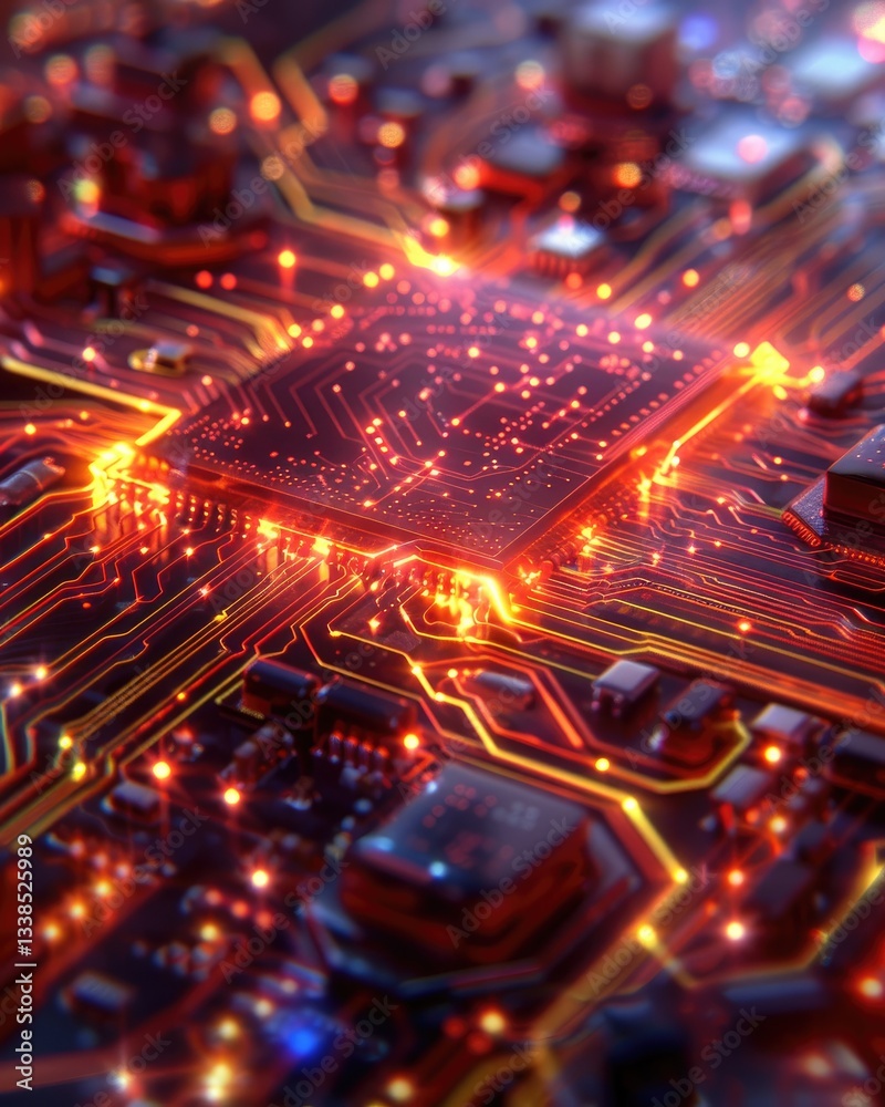 Poster glowing circuit board close up high tech digital technology microchip computer hardware