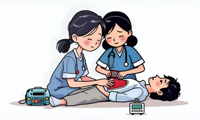 Pixel Art Animation Medical Professional Assisting Patient During Emergency Care Illustration in a Cartoon Style Using CPR And AED Machine On a White Background With a Flat Design. A Simple