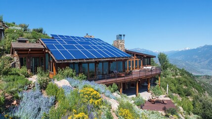 Fototapeta premium Solar panels installed on a mountaintop retreat