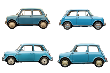 Collection of Four Classic Light Blue Mini Cooper Cars Side Profile View isolated on Transparent PNG