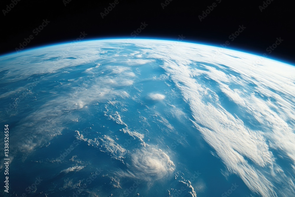 Poster view of the earth from a space station, with clouds and oceans visible