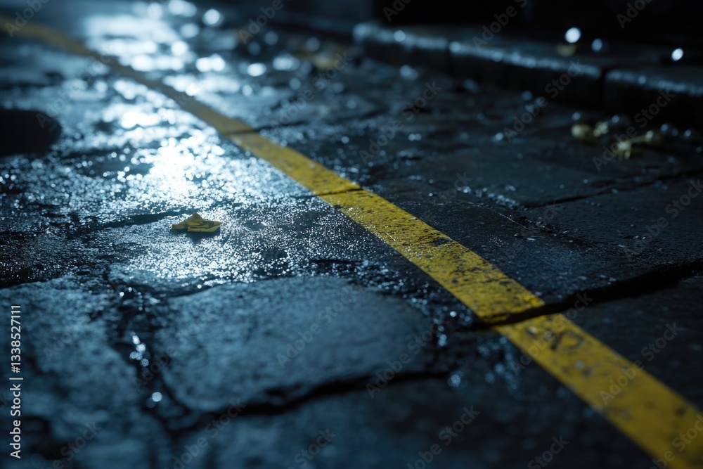 Poster A close-up shot of a wet sidewalk with a bright yellow line, suitable for use in weather-related or infrastructure-focused content