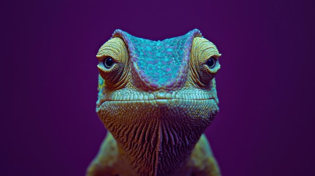 Colorful chameleon gazes from a deep purple backdrop
