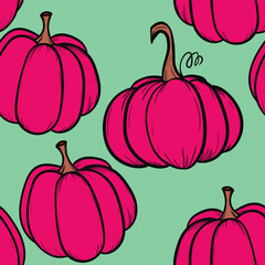Seamless pattern with pumpkins on color background. Vector hand drawn sketched pumpkin. Autumn illustration for holidays, Halloween. Various food items in doodle style.