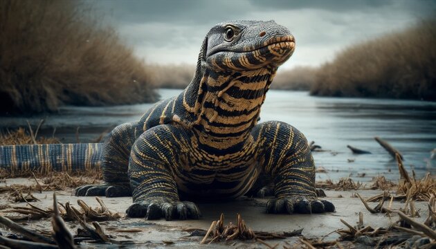 A striking close-up of a fantastical lizard-like creature in a serene wetland, embodying the beauty and diversity of nature&rsquo;s wildlife.
