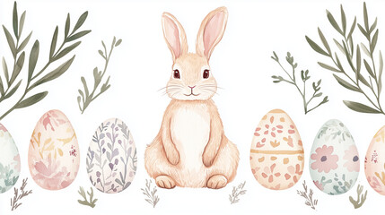 Charming Easter Bunny with Decorated Eggs in Watercolor Style