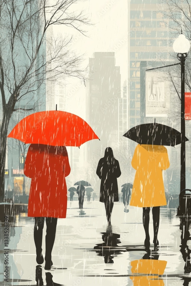 Poster a group of people navigating through rainy streets, each equipped with an umbrella to shield themsel
